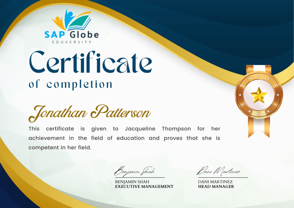"SAP PS course completion certificate featuring the SAP logo, recipient’s name, course title, and certification date."