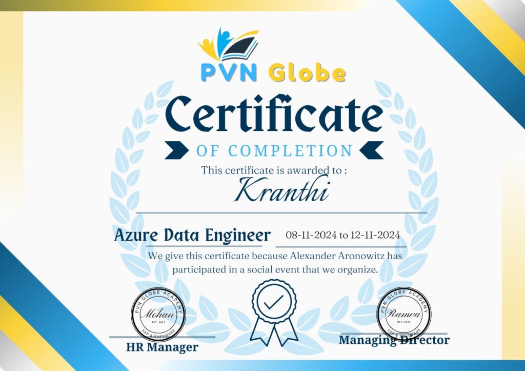 Azure Data engineering Course Completion Certificate