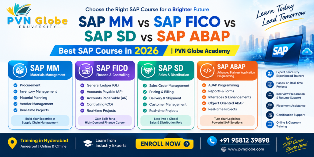 SAP MM vs SAP FICO vs SAP SD vs SAP ABAP career comparison 2026 – PVN Globe Academy